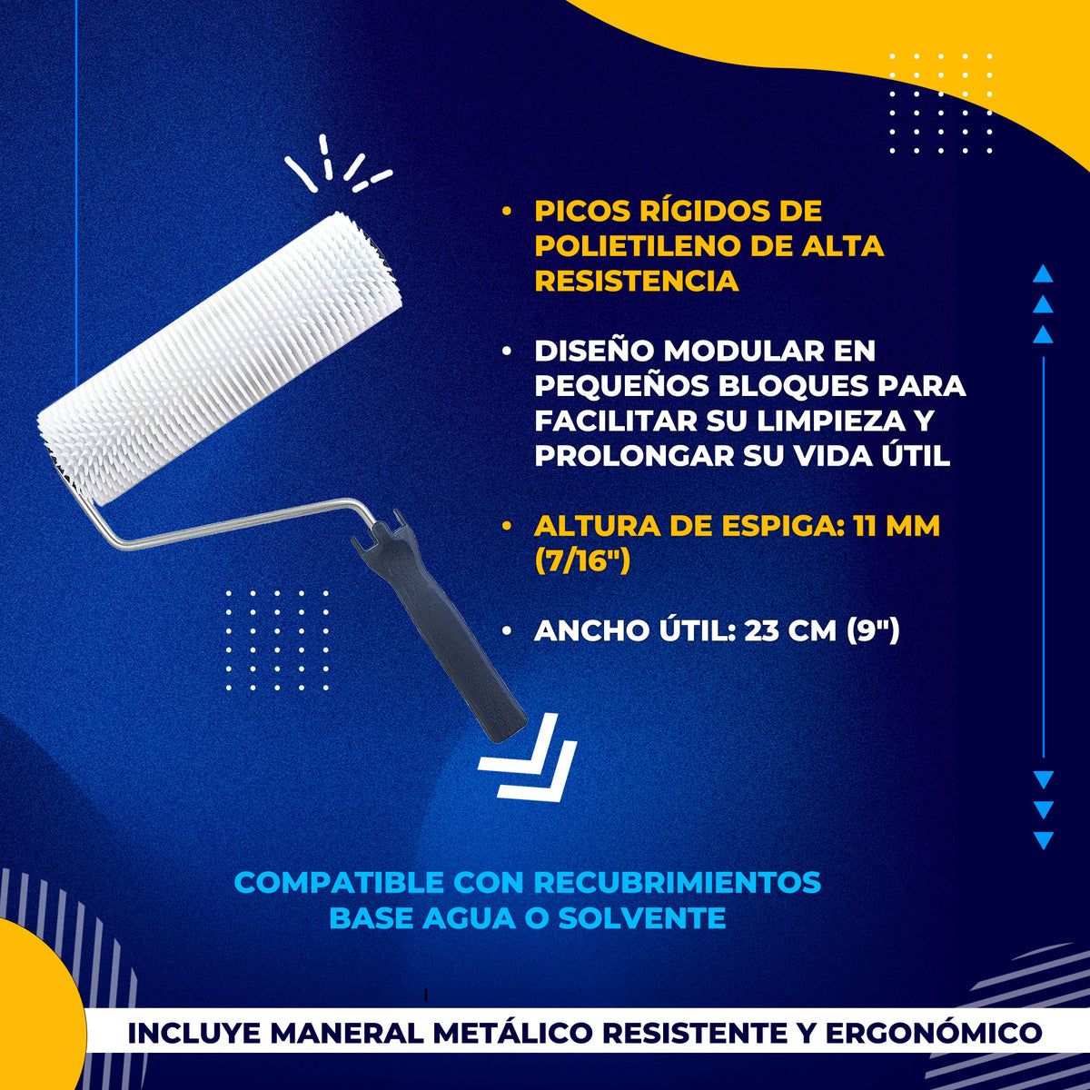 Rodillo Epóxico 9 Pulgadas ByP Picos 11mm Mango Ergonómico